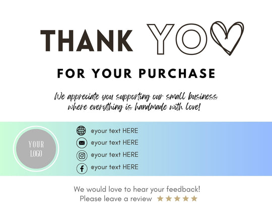 Thank you card white background with black lettering and green blue strip of color in the middle. Editable card in Canva