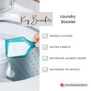 Picture of infographics that lists benefits of using my laundry booster: refresh clothes, soften fabric, neutralize laundry odors, whiten the whites