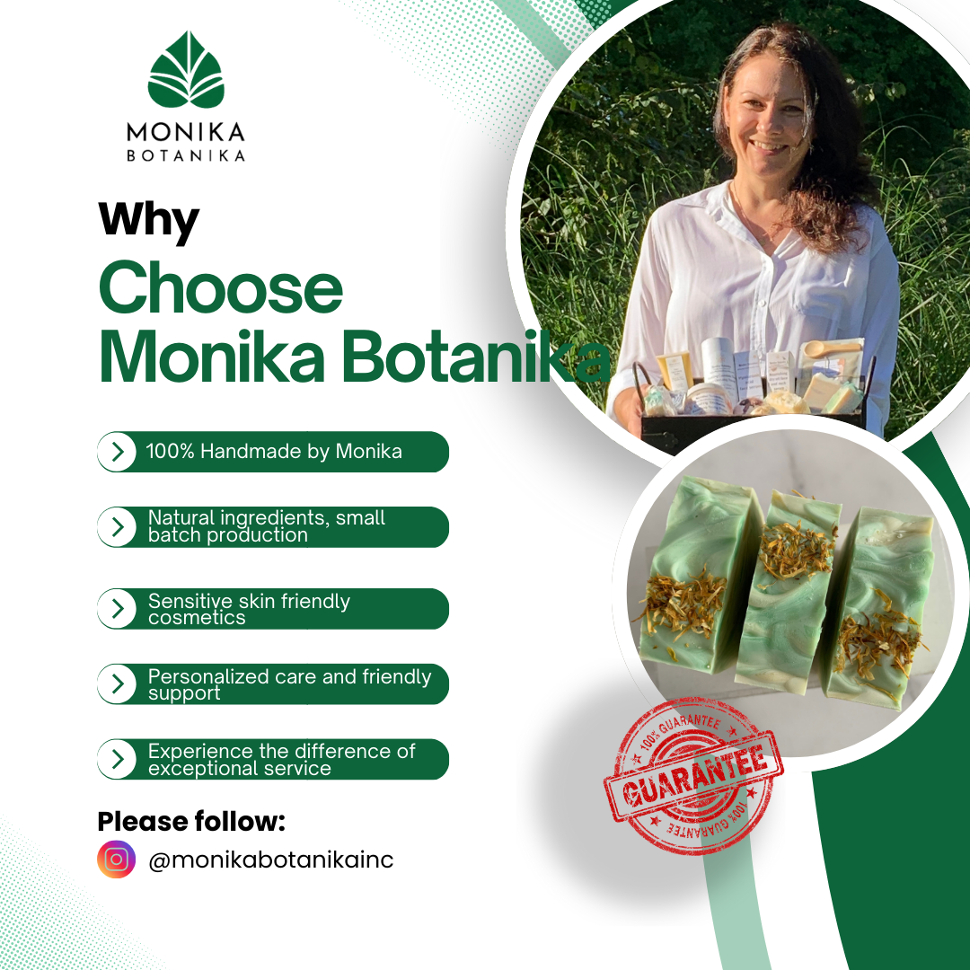 Picture of infographics explaining why you should choose Monika Botanika products. 100% handmade by Monika, natural ingredients, small batch production, sensitive skin friendly cosmetics, personalized care and friendly support, experience the difference of exceptional service. 
There is a picture of the owner holding tray with her handmade products, and picture of her handmade soaps. Also 100% guarantee batch in red. Please follow on Instagram at monikabotanikainc